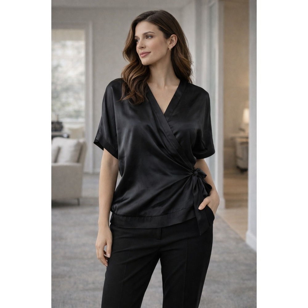 INC Black Satin Wrap Blouse Women's M | Evening Career Top‎